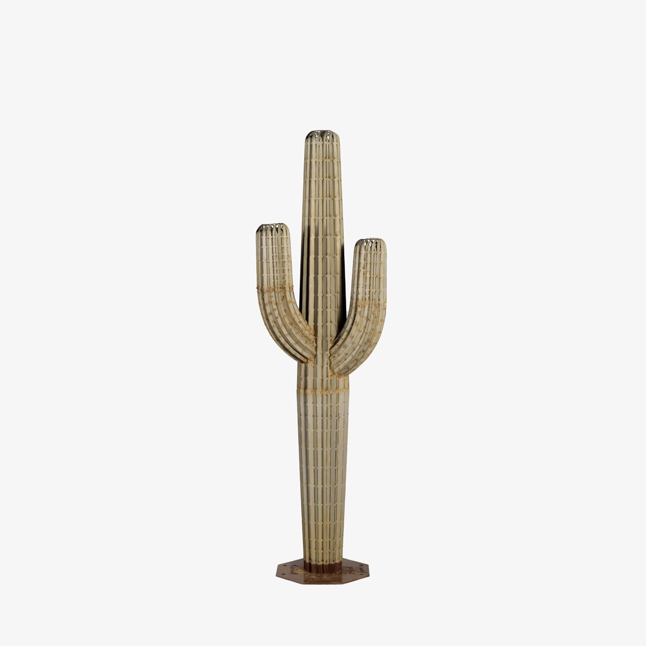 A large 7ft metal saguaro cactus. Featuring a handcrafted steel sculpture design, in a white background.