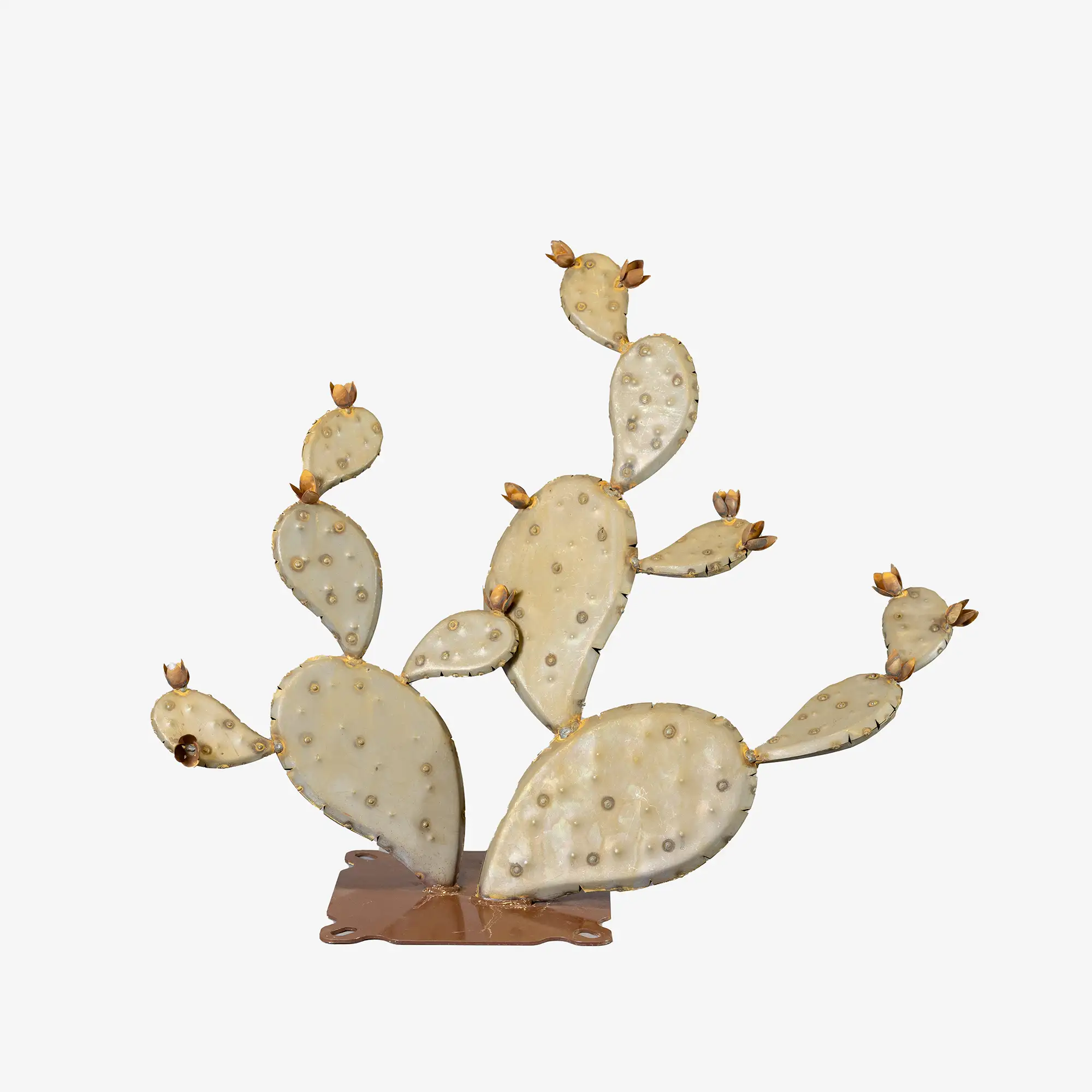 A handcrafted realistic metal prickly pear cactus in size wide on a white background.