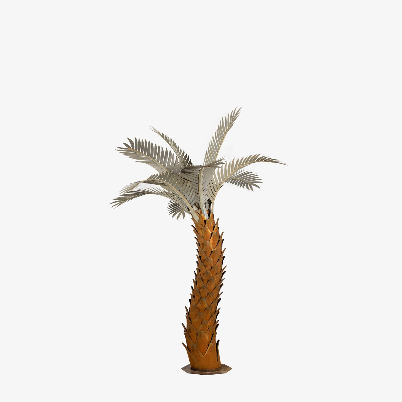 A large metal sunset palm tree, standing 10ft tall, against a white background. The sculpture's intricate design features realistic palm fronds and textured trunk, creating a lifelike appearance.