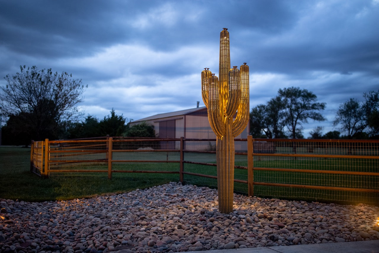 A handcrafted realistic 11ft metal saguaro cactus illuminated outside in the back yard at night.