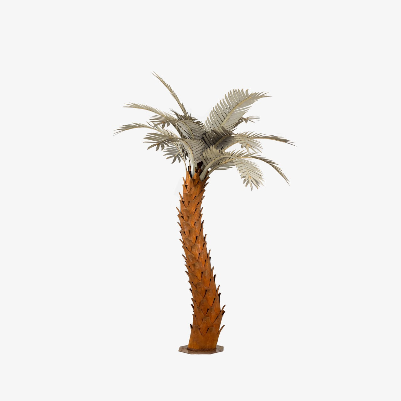 A large metal sunset palm tree, standing 12ft tall, against a white background. The sculpture's intricate design features realistic palm fronds and textured trunk, creating a lifelike appearance.