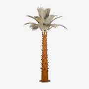 A large metal paradise palm tree, standing 14ft tall, against a white background. The sculpture's intricate design features realistic palm fronds and textured trunk, creating a lifelike appearance.