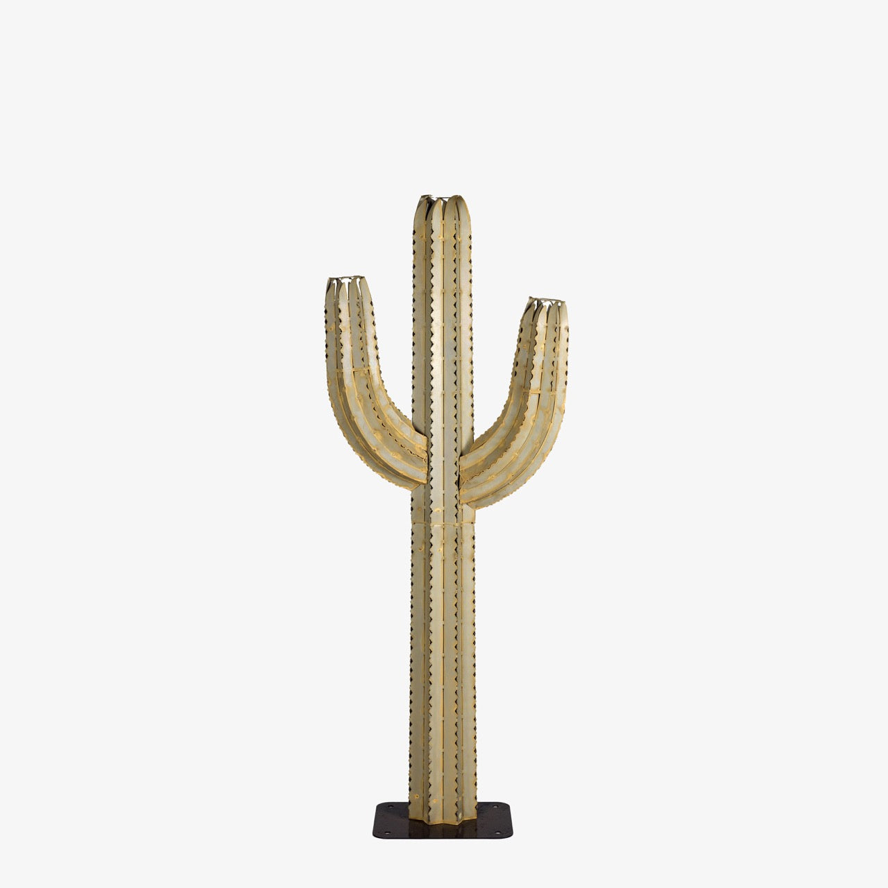 A 5ft metal saguaro cactus torch. This metallic sculpture features a handcrafted, desert-inspired design. 