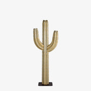A small metal saguaro cactus torch, standing 5ft tall, against a white background. The sculpture's intricate design features a realistic saguaro body and arms, creating a lifelike appearance.