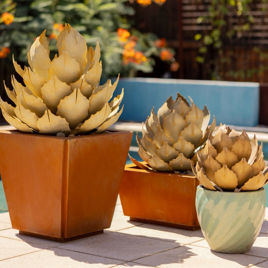 Three potted steel agaves on a patio with a blurred garden background