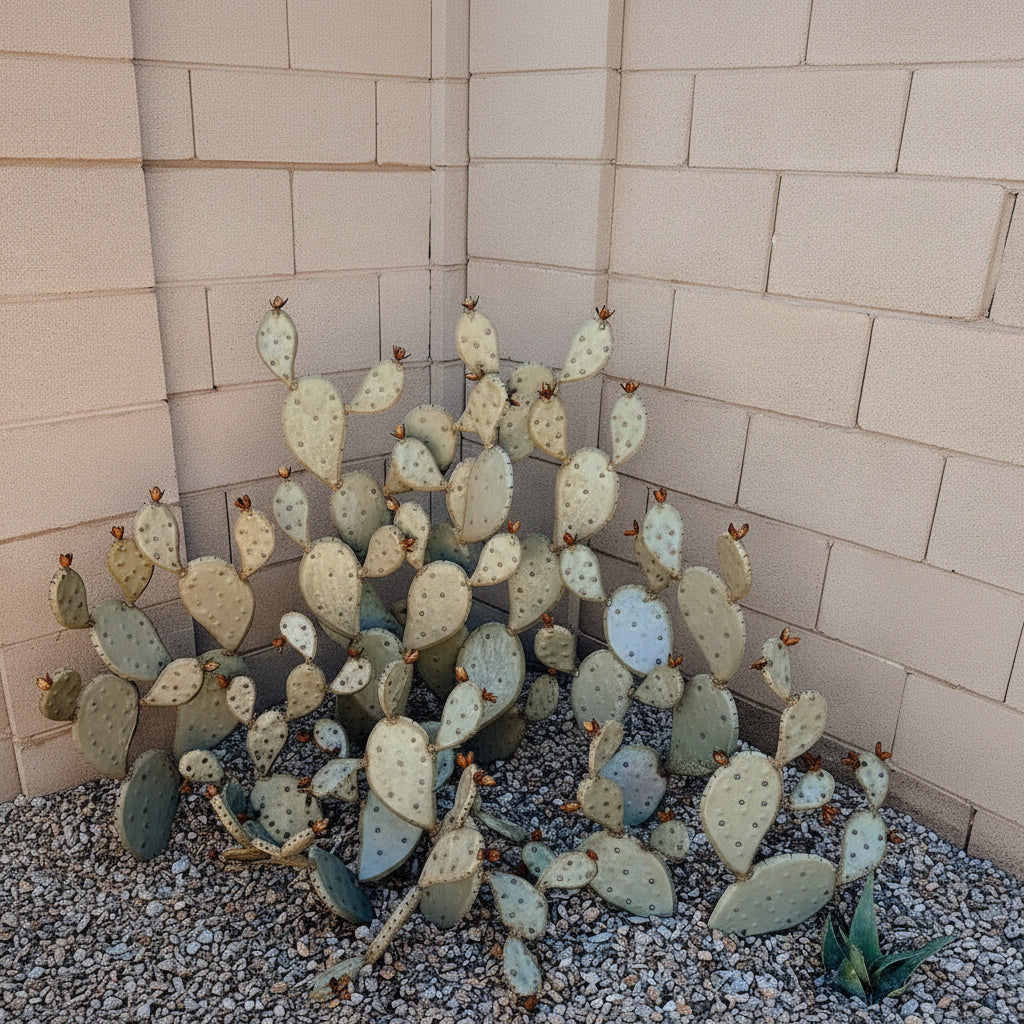 Steel prickly pear cactus in a pot against a beige brick wall.
