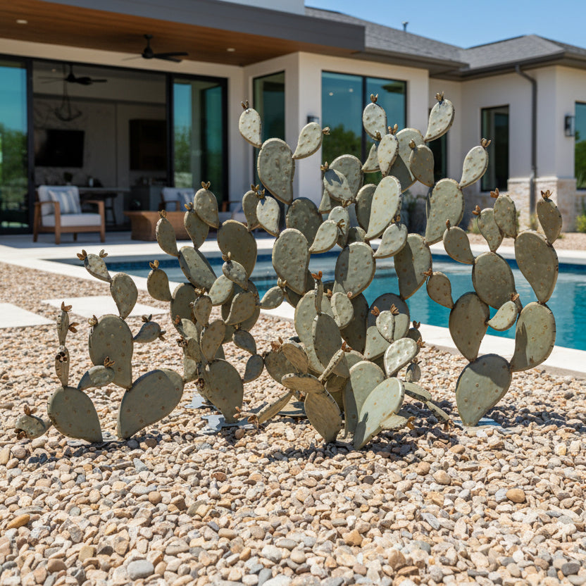 Metallic cactus sculpture on a white background