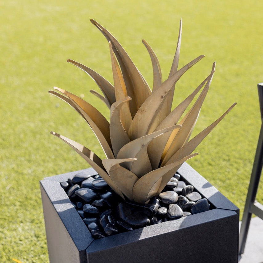 Steel agave in a planter with black stones in a modern outdoor setting