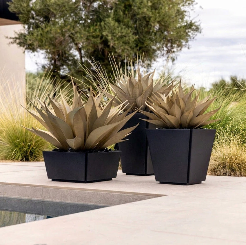 Three large black rectangular planter boxes containing spiky agave-style succulents, arranged on a light stone patio beside a pool with a wooden lounge chair and outdoor grasses in the background.