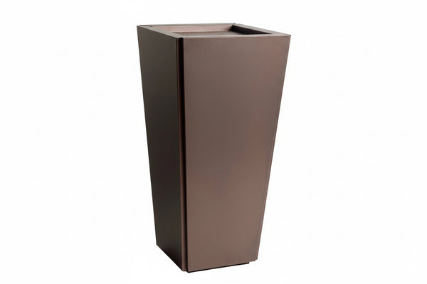 Tall rectangular copper color steel planter on a white background