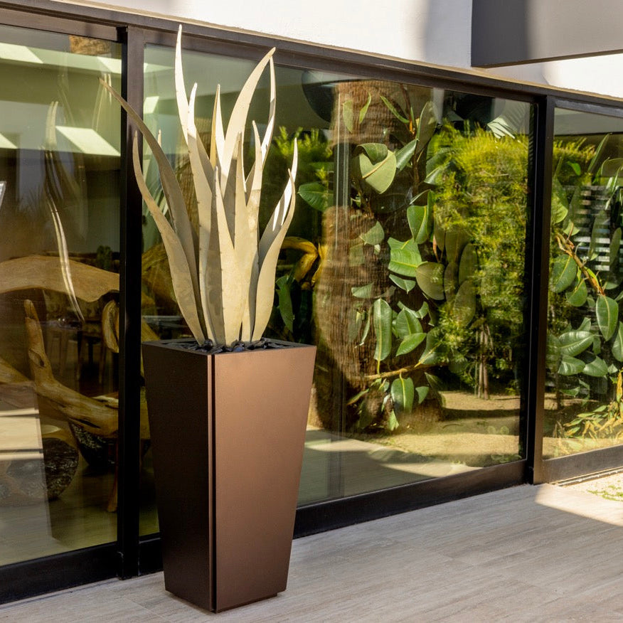 Steel emperor agave in tall steel planter