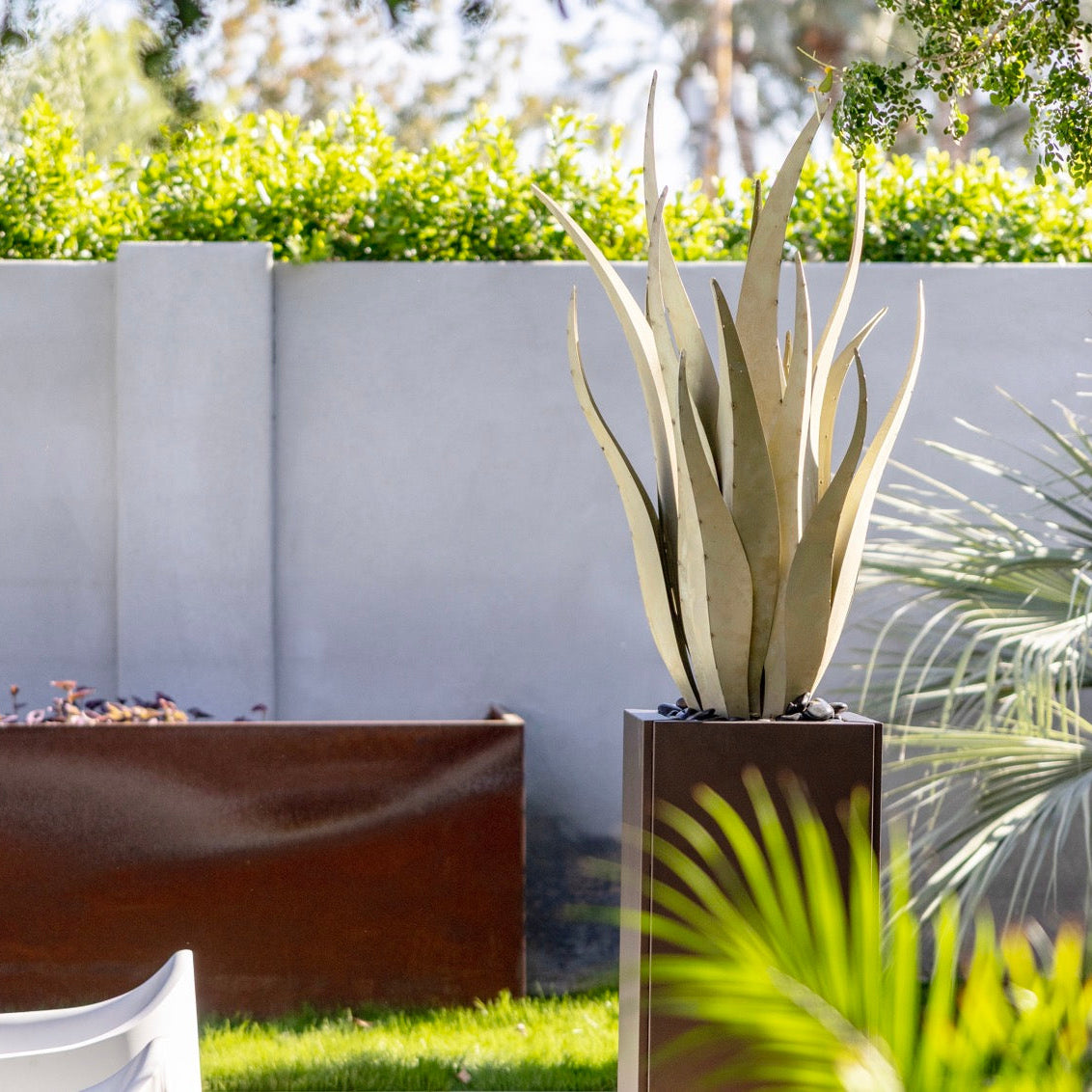 Tall plant in a decorative pot with a garden setting featuring a fire pit and greenery.