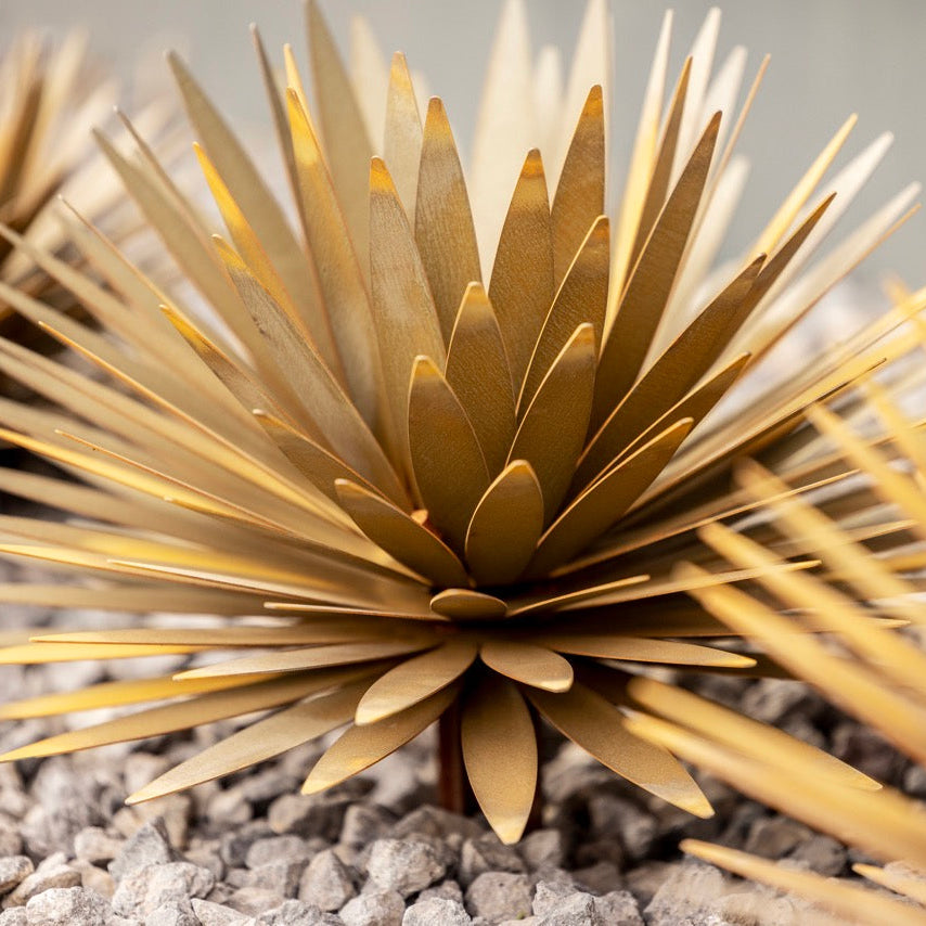 Close-up of a steel yucca sculpture on a textured surface