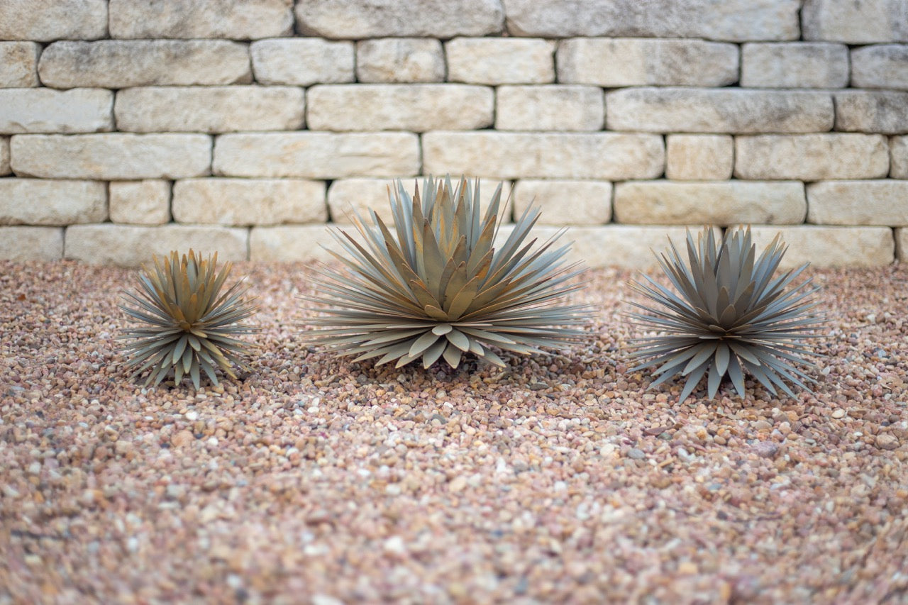 A handcrafted realistic group of metal yucca succulents planted in gravel. The succulent is located in front of a white brick wall in sizes small, medium and large.