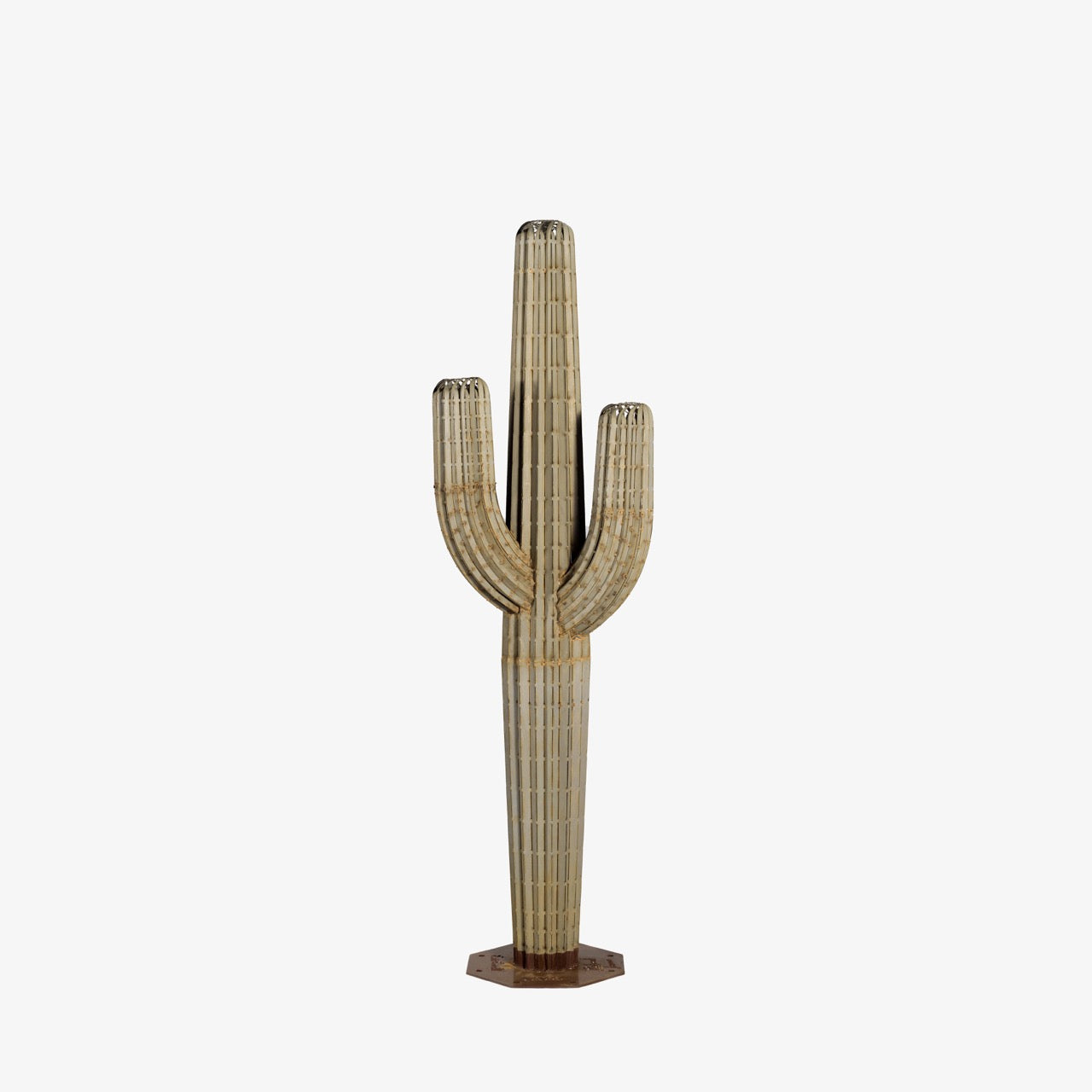 A large 7ft metal saguaro cactus. Featuring a handcrafted steel sculpture design, in a white background. 