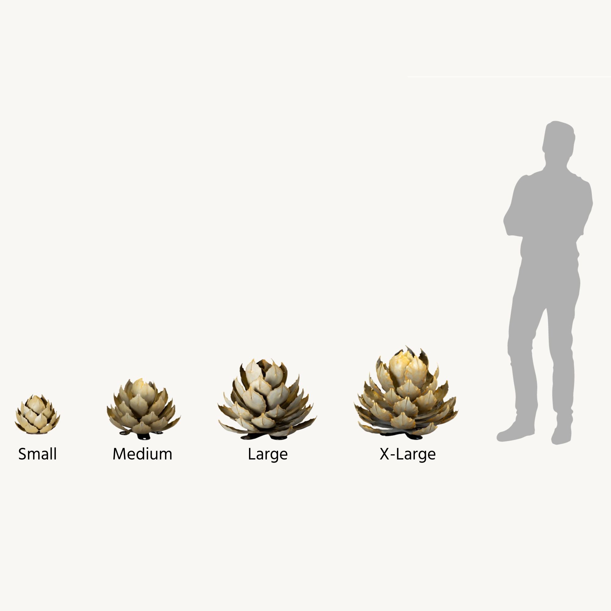 Graphic showing different sizes of Desert Steel's handcrafted realistic metal prickly pear cactuses. Sizes incude: Small, Medium, Large, and X-Large.