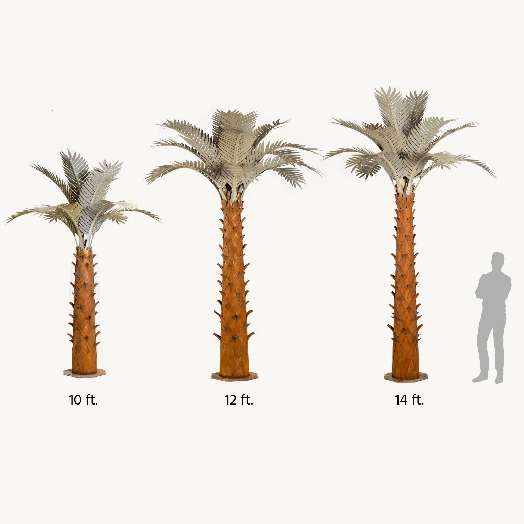 A size guide displaying the scale difference between 10ft, 12ft, and 14ft metal paradise palm trees. The sculpture's intricate design features realistic palm fronds and textured trunk, creating a lifelike appearance.