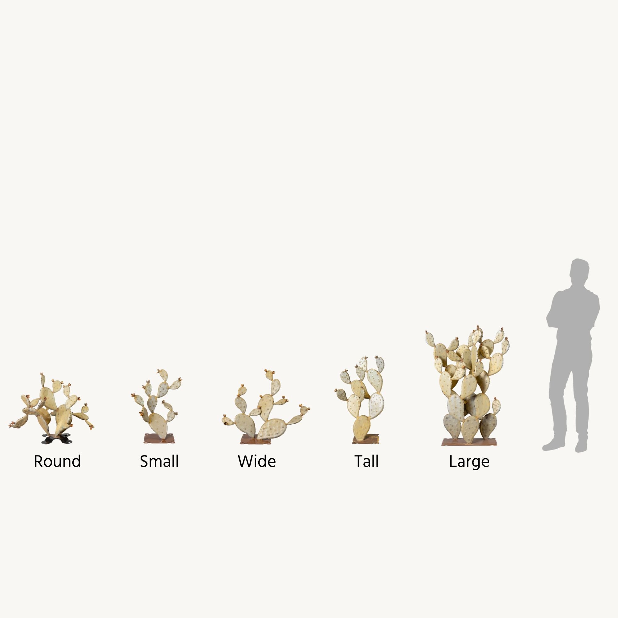 Graphic showing different sizes of Desert Steel's handcrafted realistic metal prickly pear cactuses. Sizes incude: Round, Small, Wide, Tall, and Large.