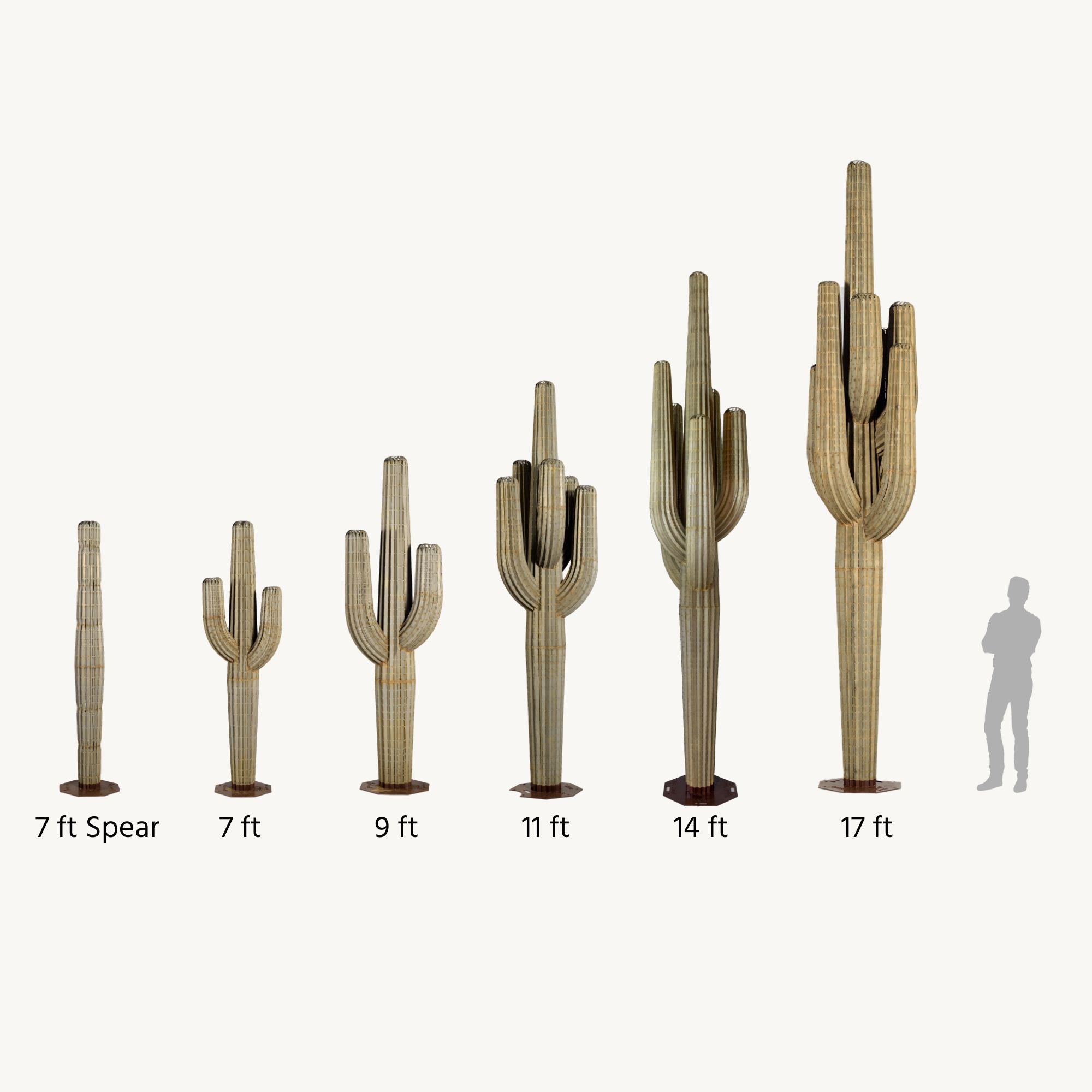 Graphic showing different sizes of Desert Steel's handcrafted realistic metal prickly pear cactuses. Sizes incude: 7ft spear, 7ft, 9ft, 11ft, 14ft, 17ft.