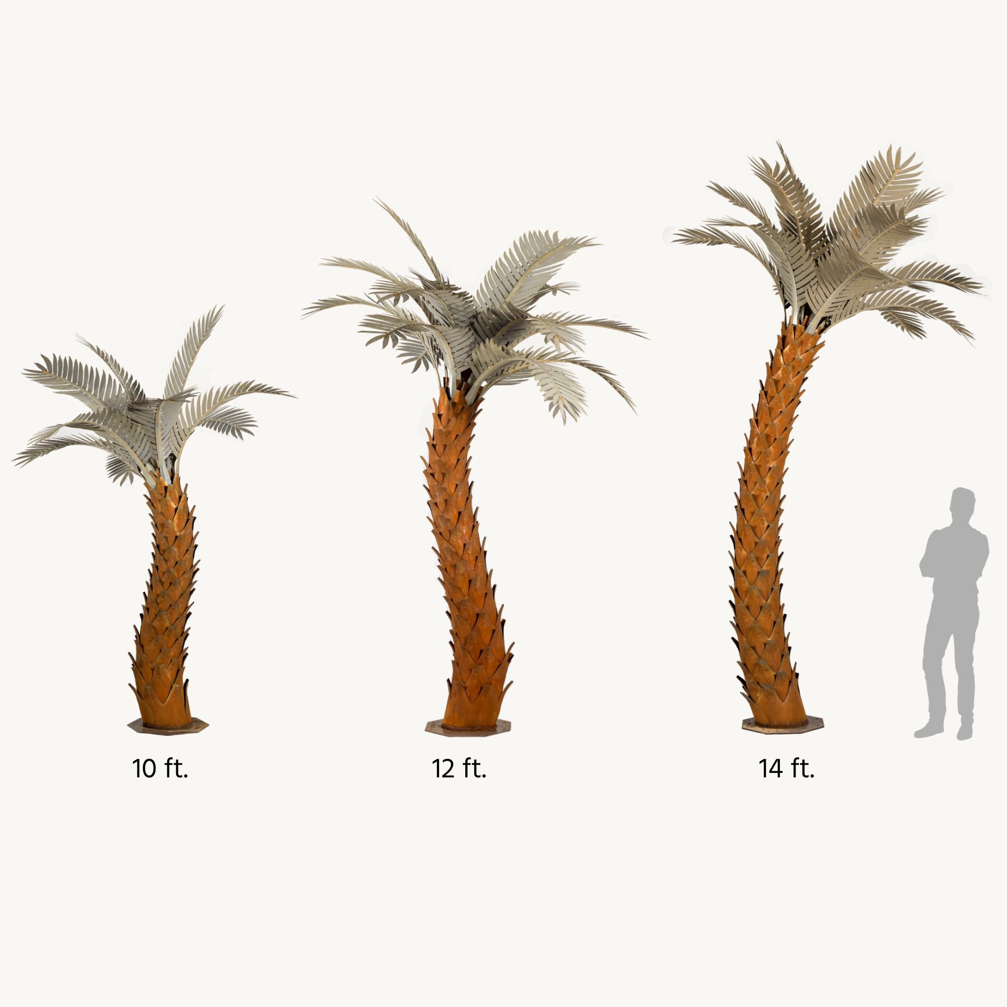 A size guide displaying the scale difference between 10ft, 12ft, and 14ft metal sunset palm trees. The sculpture's intricate design features realistic palm fronds and textured trunk, creating a lifelike appearance.