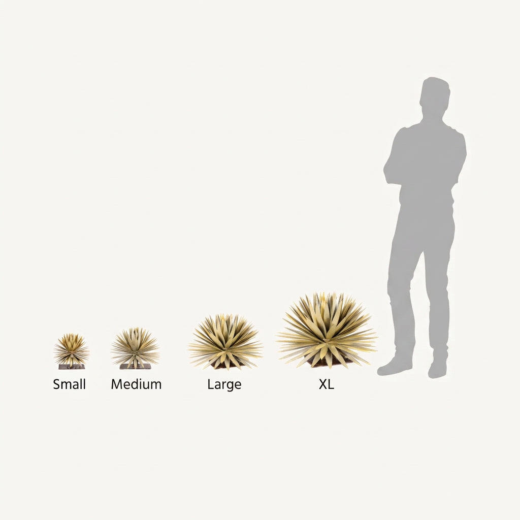 Graphic showing different sizes of Desert Steel's handcrafted realistic metal yuca succulents. Sizes incude: Small, Medium, Large.