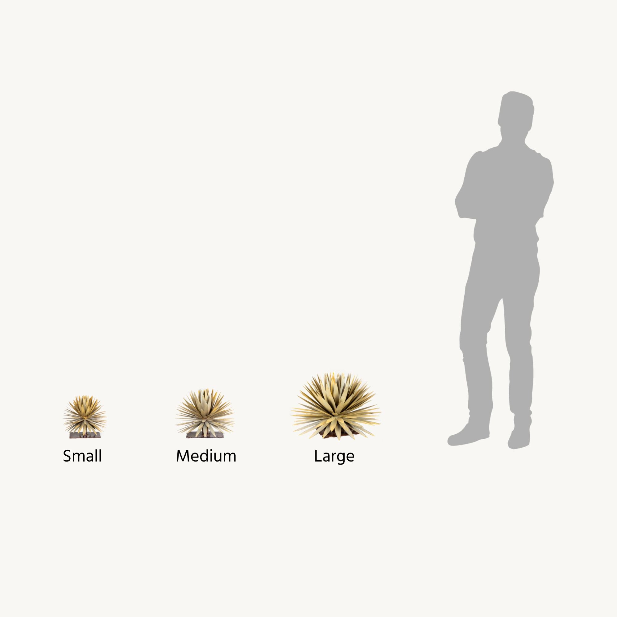 Graphic showing different sizes of Desert Steel's handcrafted realistic metal yuca succulents. Sizes incude: Small, Medium, Large.