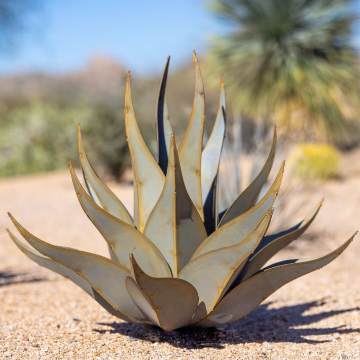 A handcrafted metal sculpture of a sharkskin agave plant on a desert floor.