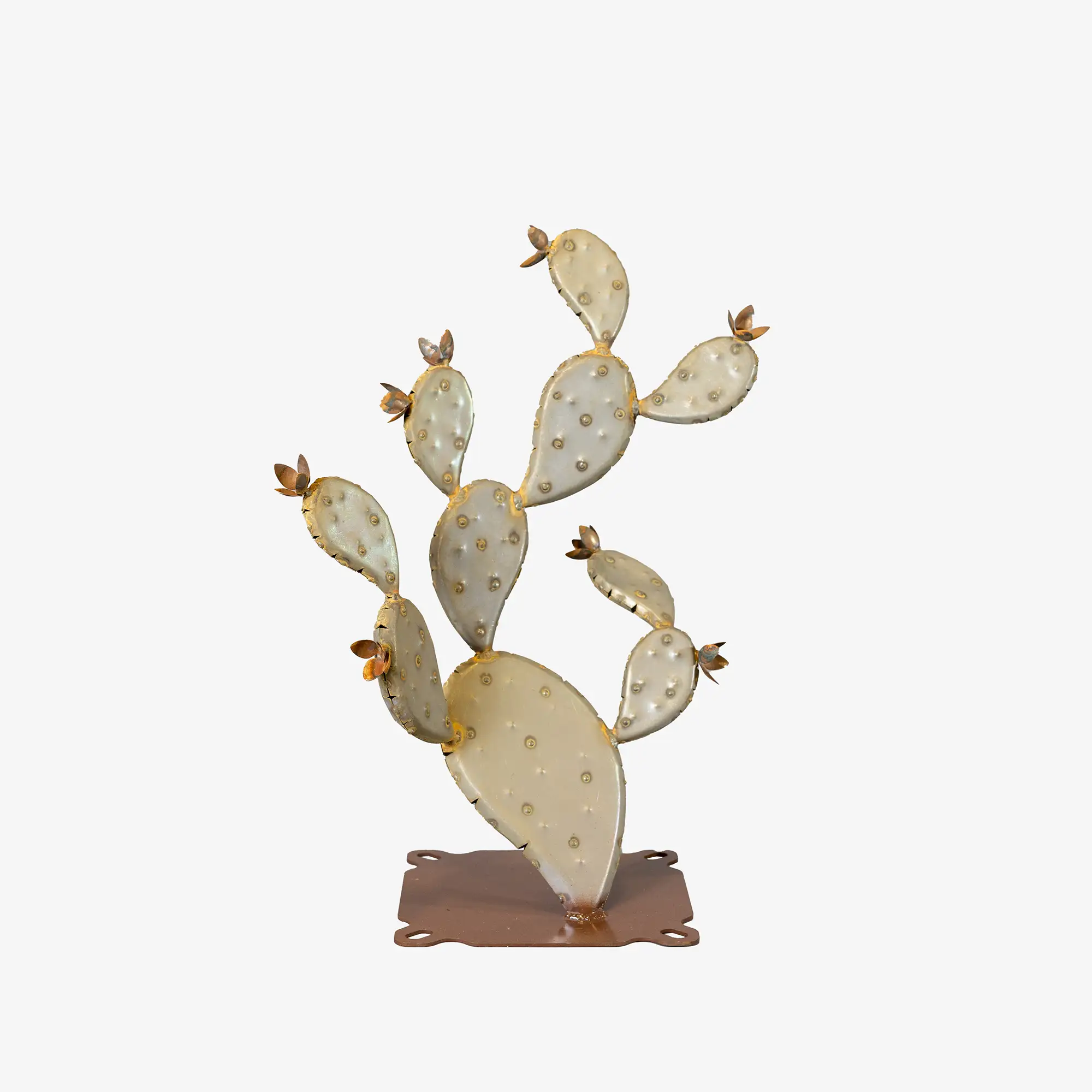 A handcrafted metal prickly pear sculpture in size small in a white background.