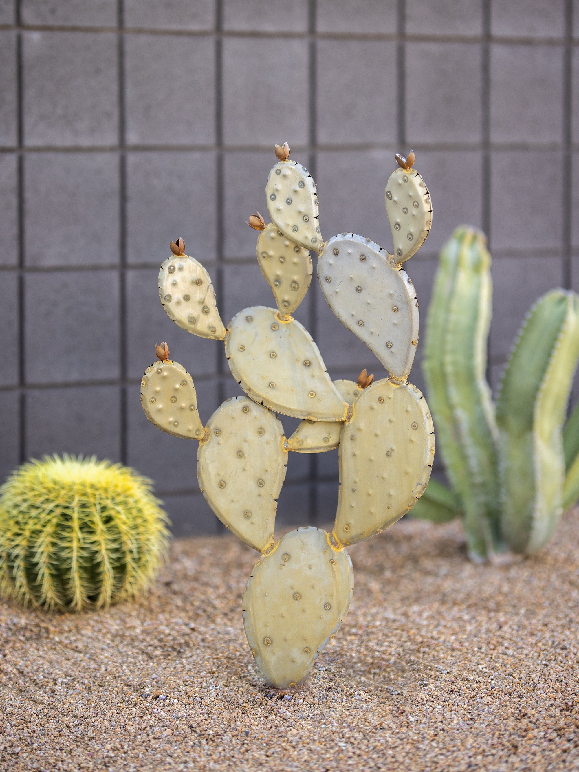 A handcrafted realistic tall metal prickly pear cactus planted into gravel in a yard. Two real cactus' can be seen behind.