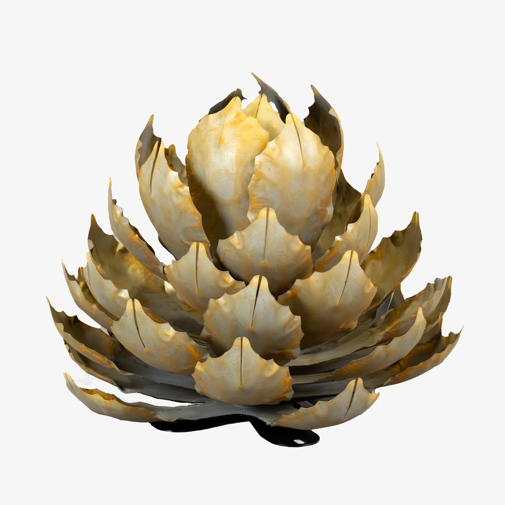A handcrafted realistic medium metal artichoke agave sculpture on a white background.